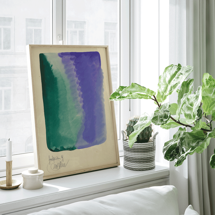 Abstract watercolor art with green and purple hues Farbstudien 10 Blätter IX by Karl Wiener. Poster of abstract watercolor artwork featuring green and purple blending titled Farbstudien 10 Blätter IX by Karl Wiener
