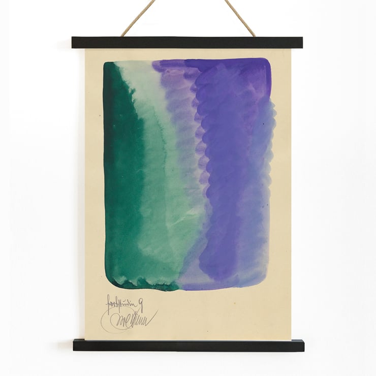 Abstract watercolor art with green and purple hues Farbstudien 10 Blätter IX by Karl Wiener. Poster of abstract watercolor artwork featuring green and purple blending titled Farbstudien 10 Blätter IX by Karl Wiener