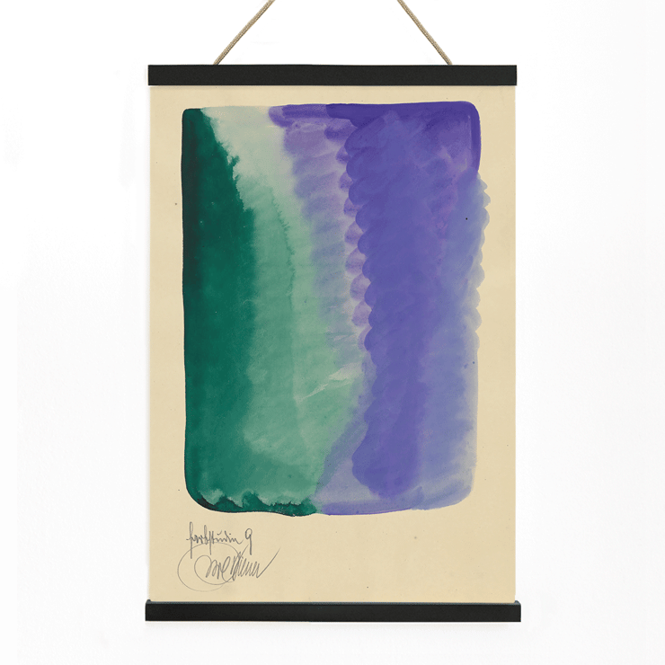 Acquarello astratto con sfumature verdi e viola Farbstudien 10 Blätter IX di Karl Wiener. Poster di un'opera d'arte astratta ad acquerello con sfumature di verde e viola intitolata Farbstudien 10 Blätter IX di Karl Wiener
