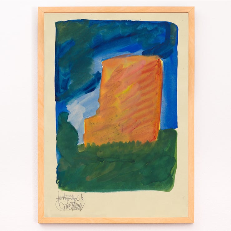 Abstract painting with blue and orange hues by Karl Wiener from Farbstudien 10 Blätter VI. Poster of an abstract painting with vibrant colors by Karl Wiener titled Farbstudien 10 Blätter VI.