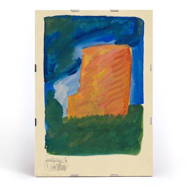 Abstract painting with blue and orange hues by Karl Wiener from Farbstudien 10 Blätter VI. Poster of an abstract painting with vibrant colors by Karl Wiener titled Farbstudien 10 Blätter VI.