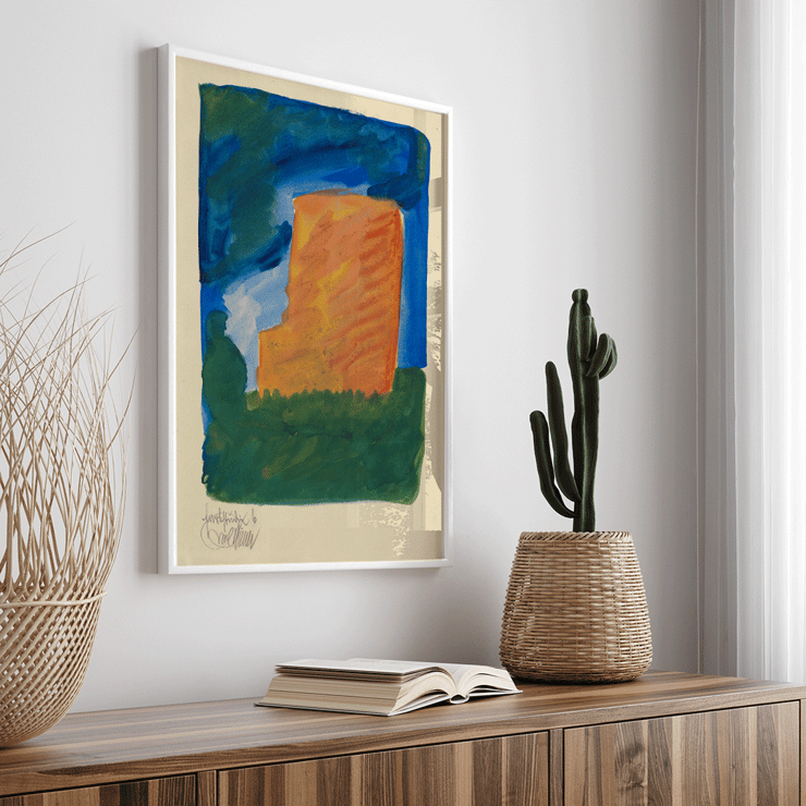 Abstract painting with blue and orange hues by Karl Wiener from Farbstudien 10 Blätter VI. Poster of an abstract painting with vibrant colors by Karl Wiener titled Farbstudien 10 Blätter VI.