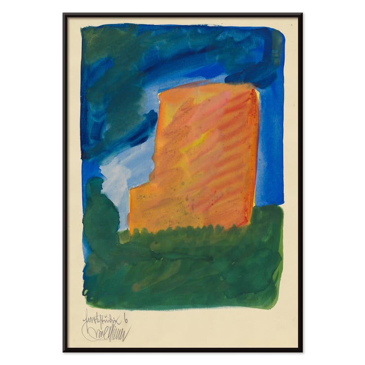 Abstract painting with blue and orange hues by Karl Wiener from Farbstudien 10 Blätter VI. Poster of an abstract painting with vibrant colors by Karl Wiener titled Farbstudien 10 Blätter VI.