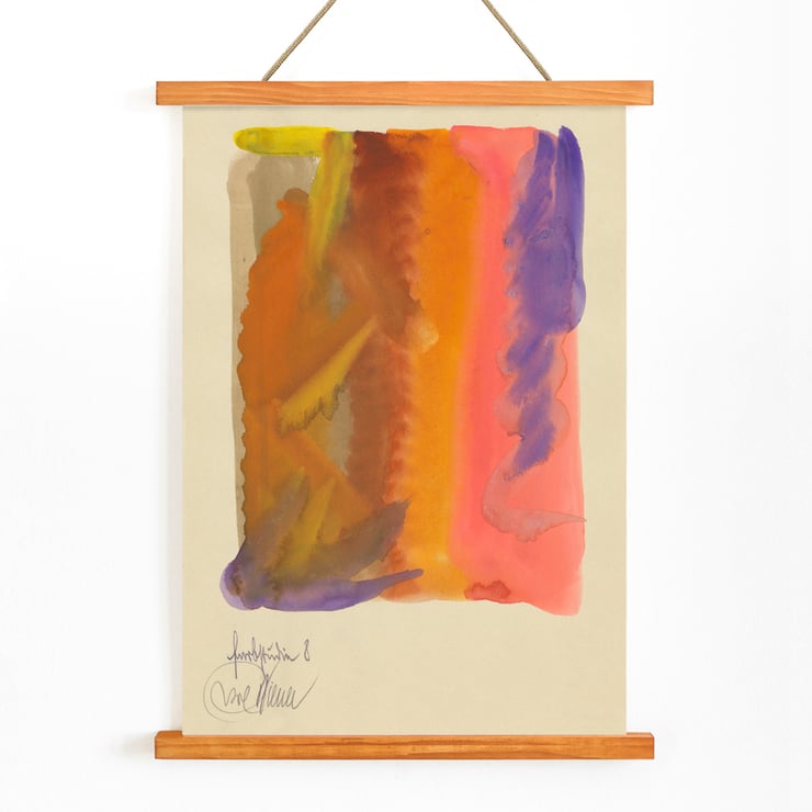 Vibrant abstract painting by Karl Wiener titled Farbstudien 10 Blätter VIII displaying bold colors and dynamic shapes. Poster of abstract painting with vibrant orange purple and pink hues titled Farbstudien 10 Blätter VIII by Karl Wiener