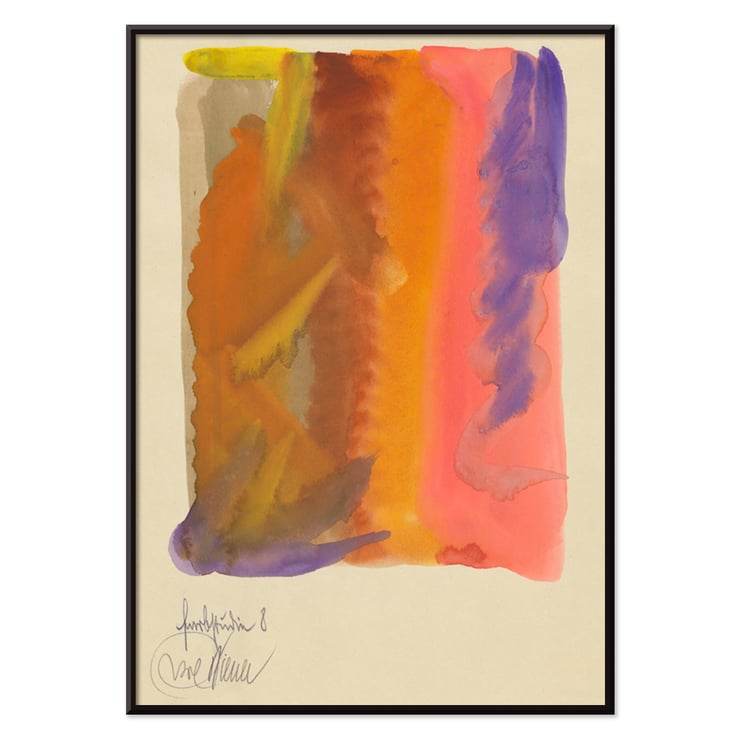 Vibrant abstract painting by Karl Wiener titled Farbstudien 10 Blätter VIII displaying bold colors and dynamic shapes. Poster of abstract painting with vibrant orange purple and pink hues titled Farbstudien 10 Blätter VIII by Karl Wiener