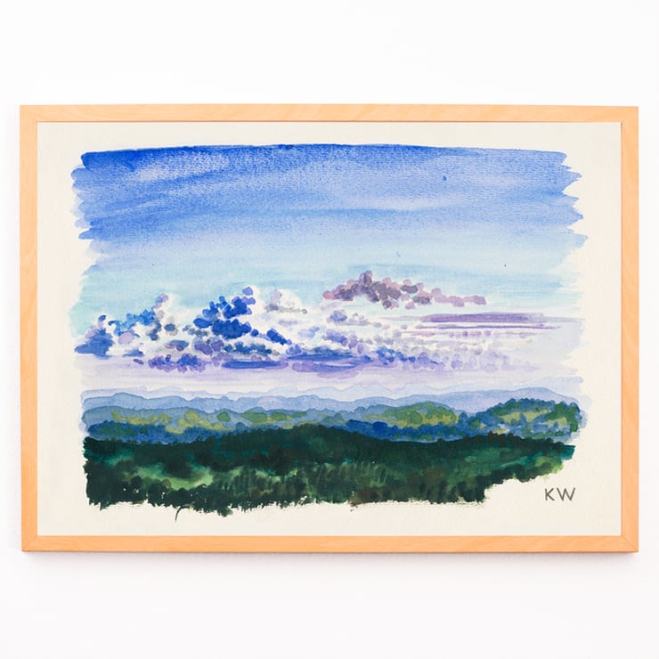 Watercolor landscape painting of a cloudy sky by Karl Wiener titled Naturstudie XXVII Poster of an abstract watercolor landscape with blue sky and forest Naturstudie by Karl Wiener