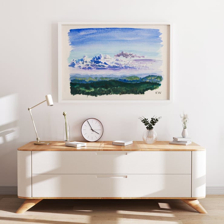 Watercolor landscape painting of a cloudy sky by Karl Wiener titled Naturstudie XXVII Poster of an abstract watercolor landscape with blue sky and forest Naturstudie by Karl Wiener