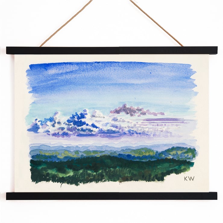 Watercolor landscape painting of a cloudy sky by Karl Wiener titled Naturstudie XXVII Poster of an abstract watercolor landscape with blue sky and forest Naturstudie by Karl Wiener