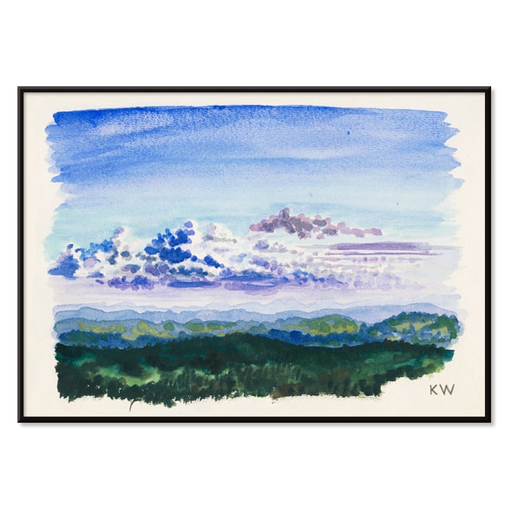 Watercolor landscape painting of a cloudy sky by Karl Wiener titled Naturstudie XXVII Poster of an abstract watercolor landscape with blue sky and forest Naturstudie by Karl Wiener