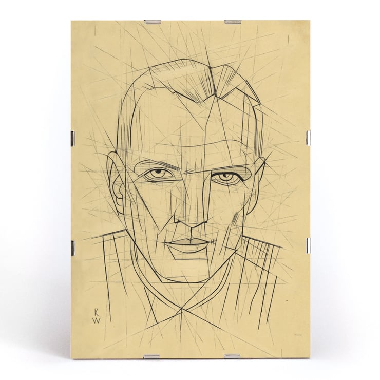 Line drawing of a man's face by Karl Wiener titled Porträt Poster of angular line portrait titled Porträt by Karl Wiener featuring a man's face with geometric details.