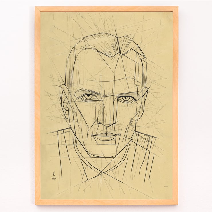 Line drawing of a man's face by Karl Wiener titled Porträt Poster of angular line portrait titled Porträt by Karl Wiener featuring a man's face with geometric details.