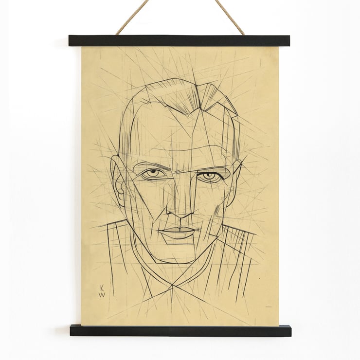 Line drawing of a man's face by Karl Wiener titled Porträt Poster of angular line portrait titled Porträt by Karl Wiener featuring a man's face with geometric details.