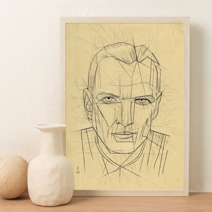 Line drawing of a man's face by Karl Wiener titled Porträt Poster of angular line portrait titled Porträt by Karl Wiener featuring a man's face with geometric details.