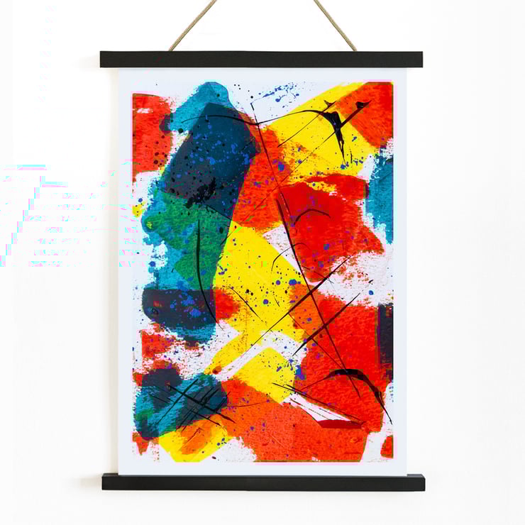 Colorful abstract patchwork with bold brush strokes by Abstract Patchwork 1 Colorful abstract artwork poster titled Abstract Patchwork 1 with splashes of red, yellow, and blue by Anonymous.