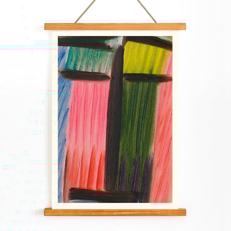 Bold abstract painting with colorful vertical and horizontal brushstrokes Meditation by Alexej von Jawlensky Poster of abstract artwork in bold colors titled Meditation by Alexej von Jawlensky with vertical and horizontal brushstrokes.