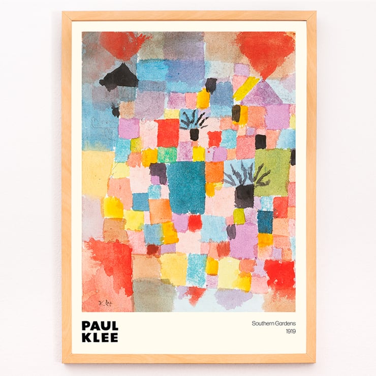 Colorful abstract painting Southern Gardens by Paul Klee. Poster featuring colorful geometric abstract artwork Southern Gardens by Paul Klee with a variety of vibrant blocks and shapes.