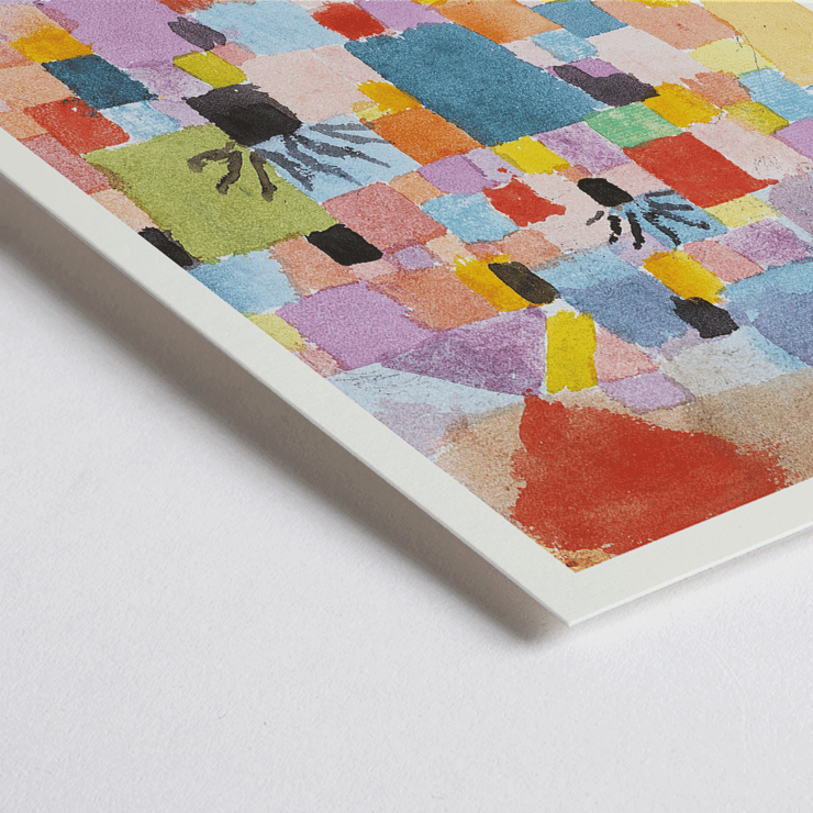 Peinture abstraite colorée Southern Gardens de Paul Klee. Poster présente l'œuvre d'art abstraite géométrique colorée Southern Gardens de Paul Klee avec une variété de blocs et de formes vibrantes.