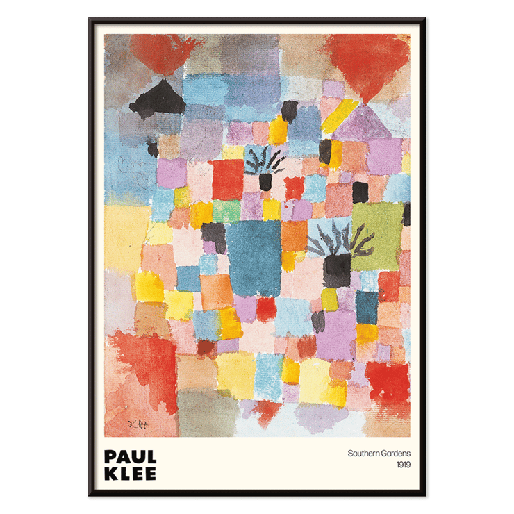 Peinture abstraite colorée Southern Gardens de Paul Klee. Poster présente l'œuvre d'art abstraite géométrique colorée Southern Gardens de Paul Klee avec une variété de blocs et de formes vibrantes.