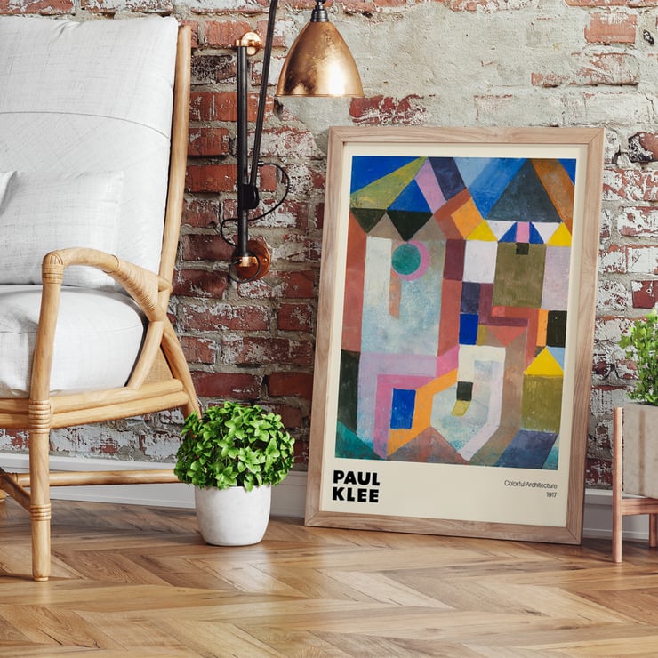 Farbenfrohes abstraktes Design von Paul Klee mit dem Titel „Farbenfrohe Architektur“ Poster zeigt abstrakte geometrische Kunst von Paul Klee mit dem Titel „Farbenfrohe Architektur“ mit lebendigen Formen und Farben.
