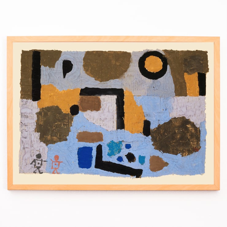 Abstract geometric shapes in blue and brown by Paul Klee with the two lost ones Poster featuring abstract art with geometric shapes in earthy and blue tones titled With the two lost ones by Paul Klee