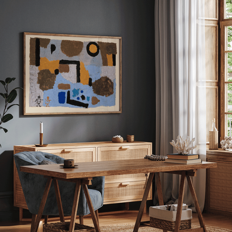 Abstract geometric shapes in blue and brown by Paul Klee with the two lost ones Poster featuring abstract art with geometric shapes in earthy and blue tones titled With the two lost ones by Paul Klee