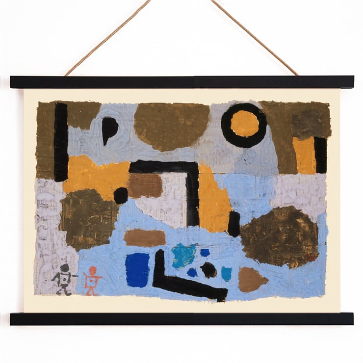 Abstract geometric shapes in blue and brown by Paul Klee with the two lost ones Poster featuring abstract art with geometric shapes in earthy and blue tones titled With the two lost ones by Paul Klee