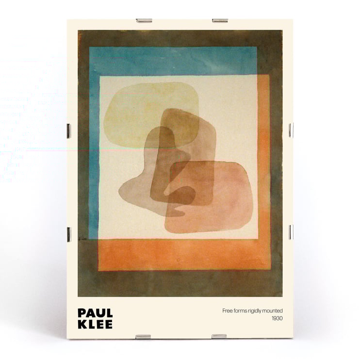 Abstract shapes with overlapping colors in Free forms rigidly mounted by Paul Klee. Poster showcasing abstract art in layered colors by Paul Klee titled Free forms rigidly mounted with geometric shapes