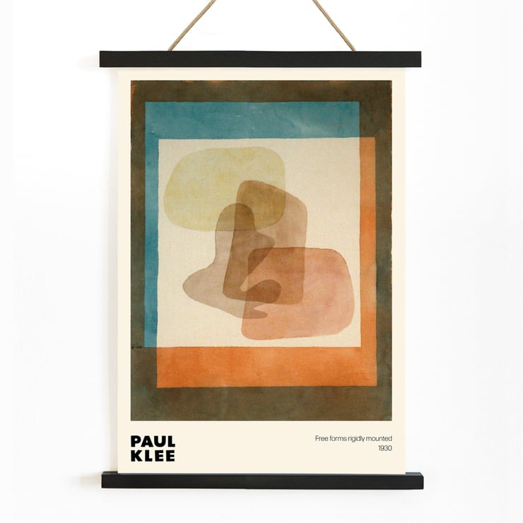 Abstract shapes with overlapping colors in Free forms rigidly mounted by Paul Klee. Poster showcasing abstract art in layered colors by Paul Klee titled Free forms rigidly mounted with geometric shapes