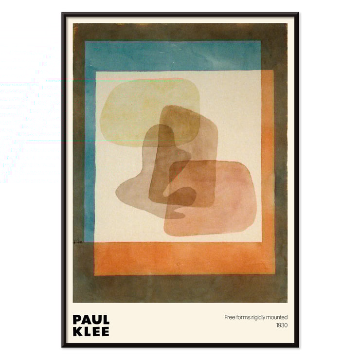 Abstract shapes with overlapping colors in Free forms rigidly mounted by Paul Klee. Poster showcasing abstract art in layered colors by Paul Klee titled Free forms rigidly mounted with geometric shapes