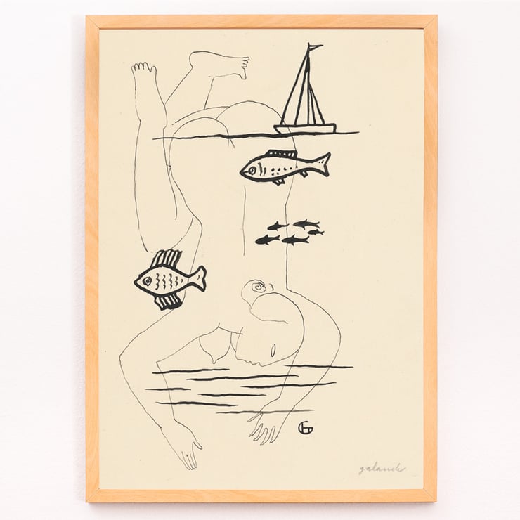 Drowned by Mikuláš Galanda surreal line drawing with fish and a boat Poster titled Drowned by Mikuláš Galanda depicting abstract human figure with fish and sailboat in minimalist black line art