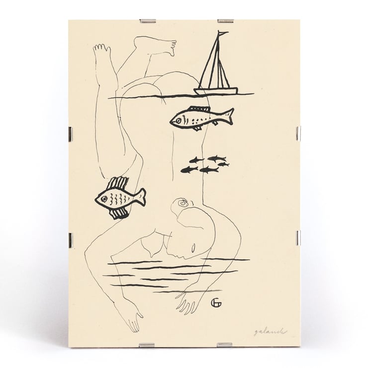 Drowned by Mikuláš Galanda surreal line drawing with fish and a boat Poster titled Drowned by Mikuláš Galanda depicting abstract human figure with fish and sailboat in minimalist black line art