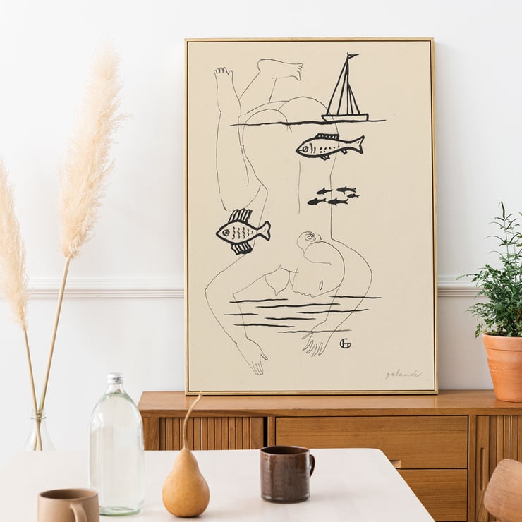 Drowned by Mikuláš Galanda surreal line drawing with fish and a boat Poster titled Drowned by Mikuláš Galanda depicting abstract human figure with fish and sailboat in minimalist black line art