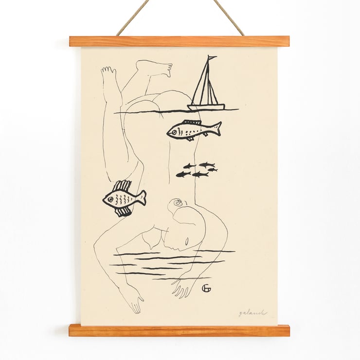 Drowned by Mikuláš Galanda surreal line drawing with fish and a boat Poster titled Drowned by Mikuláš Galanda depicting abstract human figure with fish and sailboat in minimalist black line art