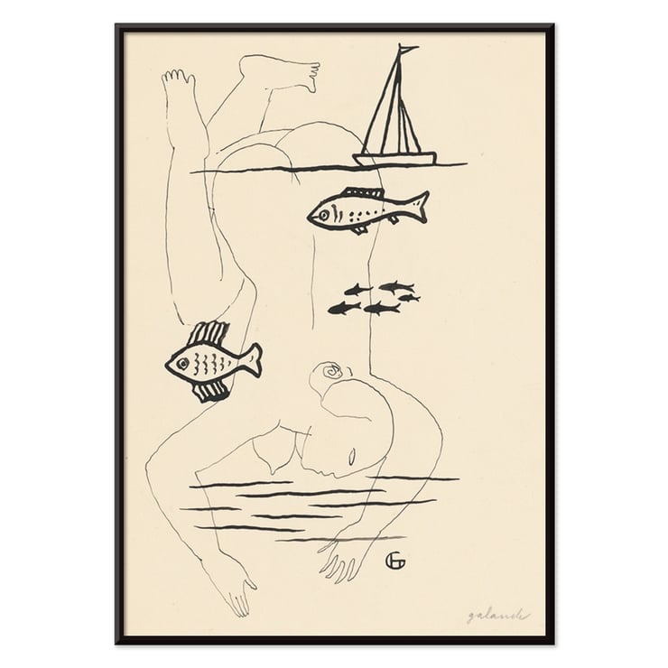 Drowned by Mikuláš Galanda surreal line drawing with fish and a boat Poster titled Drowned by Mikuláš Galanda depicting abstract human figure with fish and sailboat in minimalist black line art