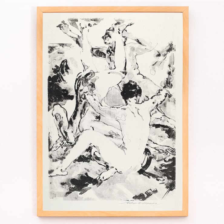 Three acrobats performing in a dynamic abstract black and white style by Arthur Bowen Davies Poster featuring Three Acrobats by Arthur Bowen Davies depicting abstract figures in dynamic motion.