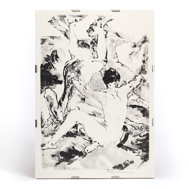 Three acrobats performing in a dynamic abstract black and white style by Arthur Bowen Davies Poster featuring Three Acrobats by Arthur Bowen Davies depicting abstract figures in dynamic motion.