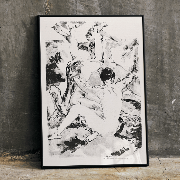Three acrobats performing in a dynamic abstract black and white style by Arthur Bowen Davies Poster featuring Three Acrobats by Arthur Bowen Davies depicting abstract figures in dynamic motion.