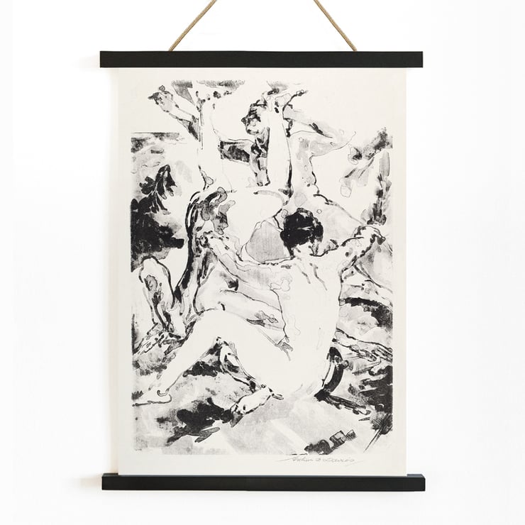 Three acrobats performing in a dynamic abstract black and white style by Arthur Bowen Davies Poster featuring Three Acrobats by Arthur Bowen Davies depicting abstract figures in dynamic motion.