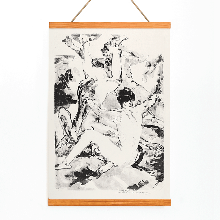 Three acrobats performing in a dynamic abstract black and white style by Arthur Bowen Davies Poster featuring Three Acrobats by Arthur Bowen Davies depicting abstract figures in dynamic motion.