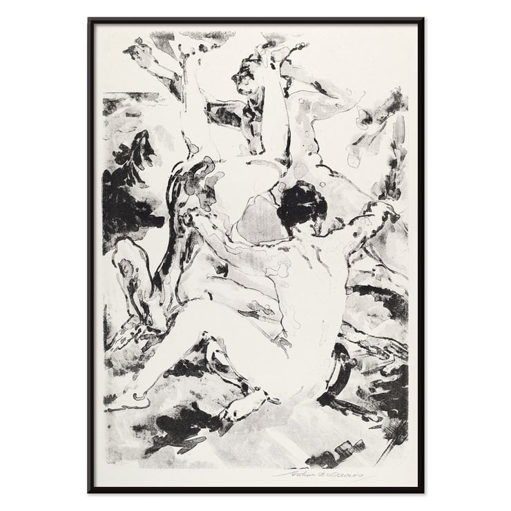 Three acrobats performing in a dynamic abstract black and white style by Arthur Bowen Davies Poster featuring Three Acrobats by Arthur Bowen Davies depicting abstract figures in dynamic motion.