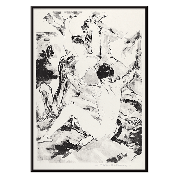 Three acrobats performing in a dynamic abstract black and white style by Arthur Bowen Davies Poster featuring Three Acrobats by Arthur Bowen Davies depicting abstract figures in dynamic motion.