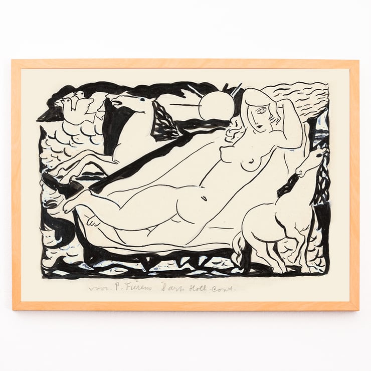 Venus Vignet by Leo Gestel featuring a reclining nude with horses and sun in abstract style Poster of a stylized black and white drawing featuring a reclining nude woman and horses by Leo Gestel titled Venus Vignet.