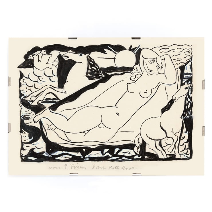Venus Vignet by Leo Gestel featuring a reclining nude with horses and sun in abstract style Poster of a stylized black and white drawing featuring a reclining nude woman and horses by Leo Gestel titled Venus Vignet.