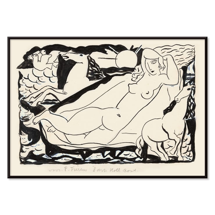 Venus Vignet by Leo Gestel featuring a reclining nude with horses and sun in abstract style Poster of a stylized black and white drawing featuring a reclining nude woman and horses by Leo Gestel titled Venus Vignet.