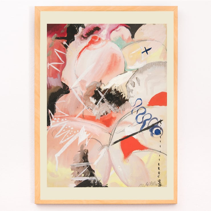 Abstract watercolor painting by Hilma af Klint titled Female Figure. Abstract art poster with dynamic shapes and colors by Wassily Kandinsky titled Female Figure.