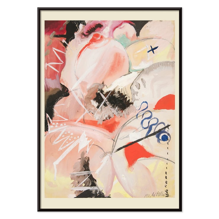Abstract watercolor painting by Hilma af Klint titled Female Figure. Abstract art poster with dynamic shapes and colors by Wassily Kandinsky titled Female Figure.