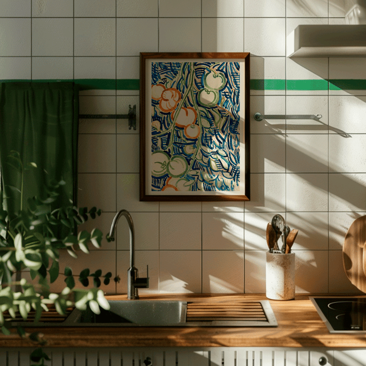 Drooping branch with red and green tomatoes by Christian Rohlfs artwork Poster showcasing the artwork Drooping branch with red and green tomatoes by Christian Rohlfs, featuring vibrant tomatoes and abstract background.