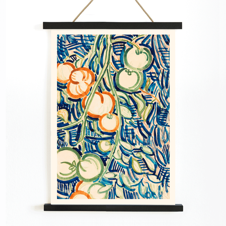 Drooping branch with red and green tomatoes by Christian Rohlfs artwork Poster showcasing the artwork Drooping branch with red and green tomatoes by Christian Rohlfs, featuring vibrant tomatoes and abstract background.