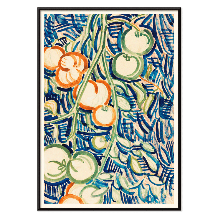 Drooping branch with red and green tomatoes by Christian Rohlfs artwork Poster showcasing the artwork Drooping branch with red and green tomatoes by Christian Rohlfs, featuring vibrant tomatoes and abstract background.