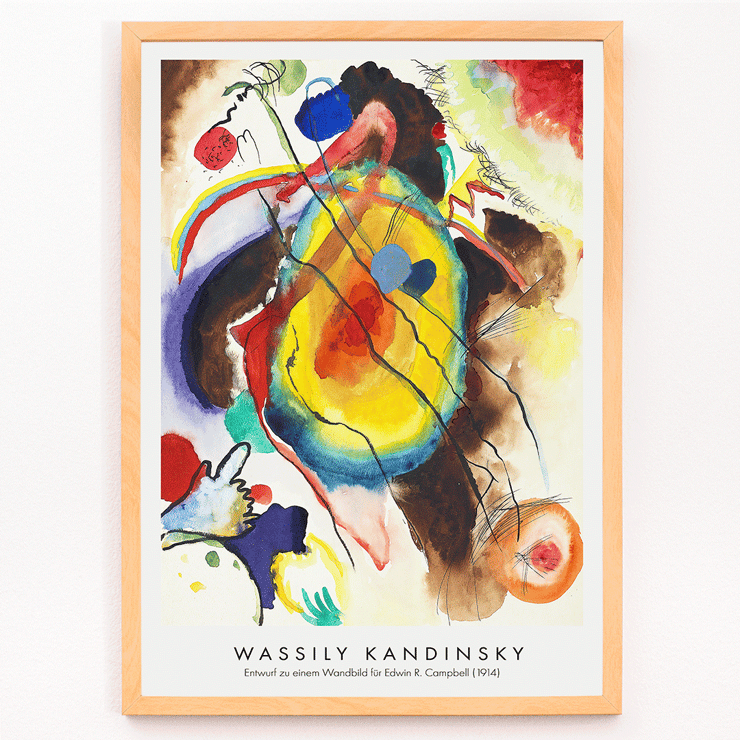 Abstraktes Wandgemälde des Künstlers Wassily Kandinsky für Edwin R. Campbell Poster eines abstrakten Kunstwerks. Entwurf für ein Wandgemälde für Edwin R. Campbell von Wassily Kandinsky mit lebendigen Farben und dynamischen Formen